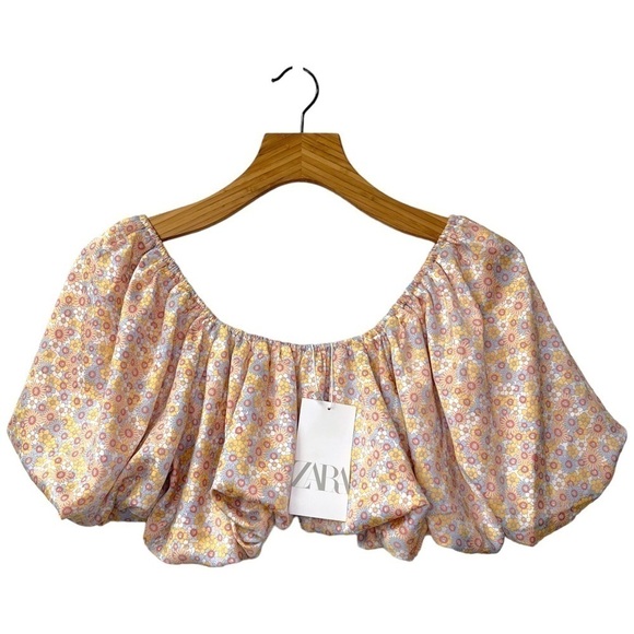 Zara Satin Effect Floral Crop Top Off-The-Shoulder Puff Shoulder Size S New - Picture 5 of 11